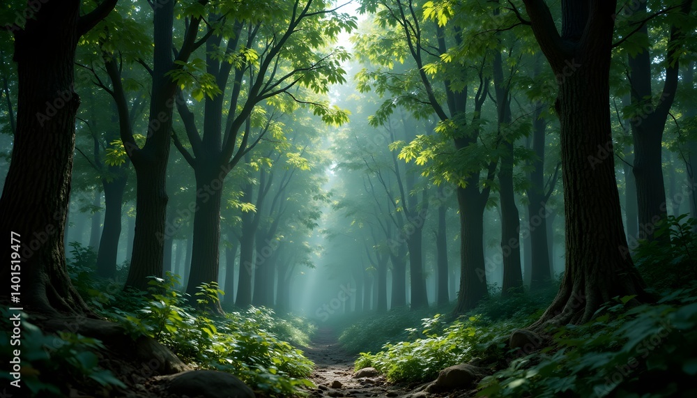 Fototapeta premium Serene Path Through Lush Green Wilderness in Soft Morning Light