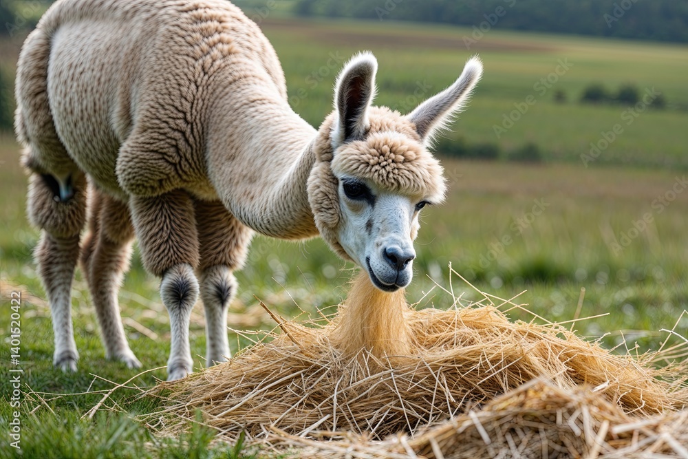 Obraz premium Whimsical Llama Discovering Straw in Serene Pastoral Meadow