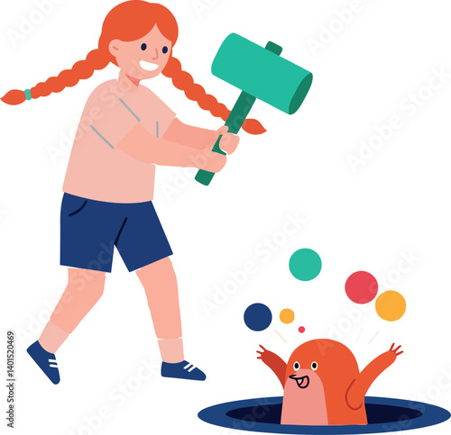 A playful girl with red hair swinging a green mallet at a cheerful mole emerging from a hole in flat vector art