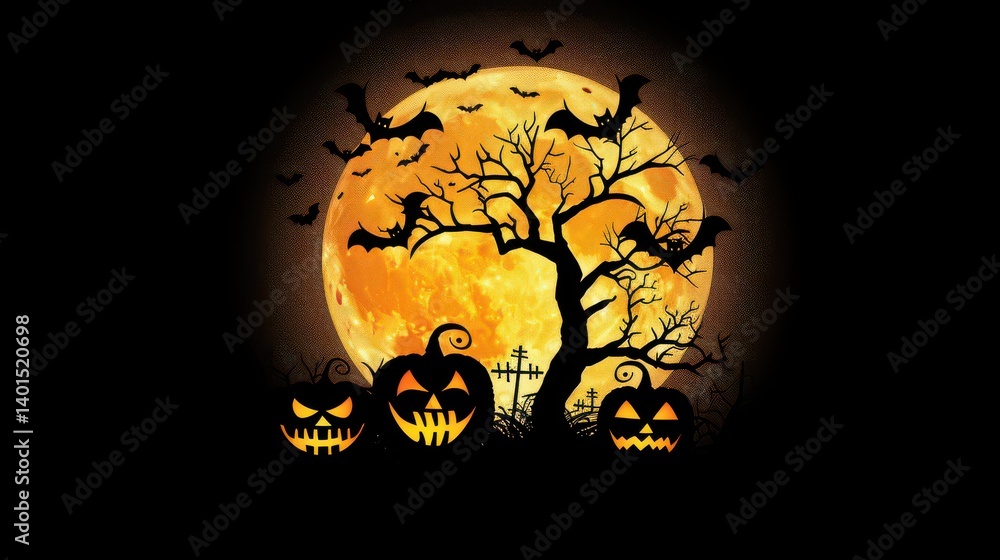 Spooky Halloween night with a full moon and bats. Spooky Halloween night with a full moon and bats.