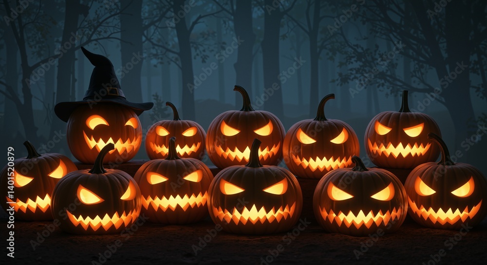Spooky carved pumpkins with glowing faces creating a Halloween atmosphere in a misty forest setting Spooky carved pumpkins with glowing faces creating a Halloween atmosphere in a misty forest setting