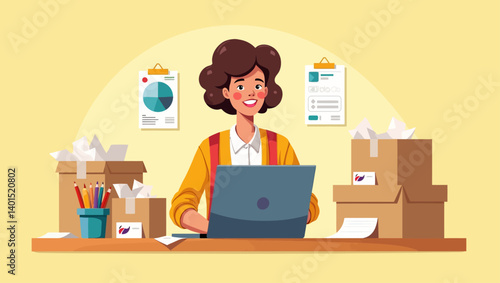 Female entrepreneur working with laptop at a desk full of packages, preparing online orders in a small business setting.