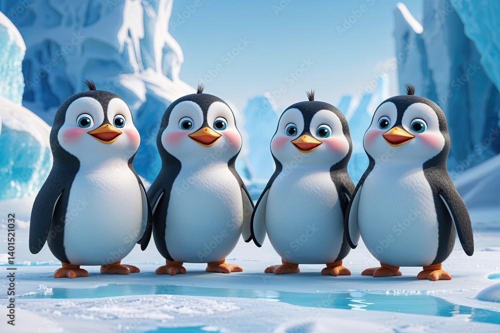 Fototapeta premium Four Joyful 3D Cartoon Penguins in a Cold Icy Landscape