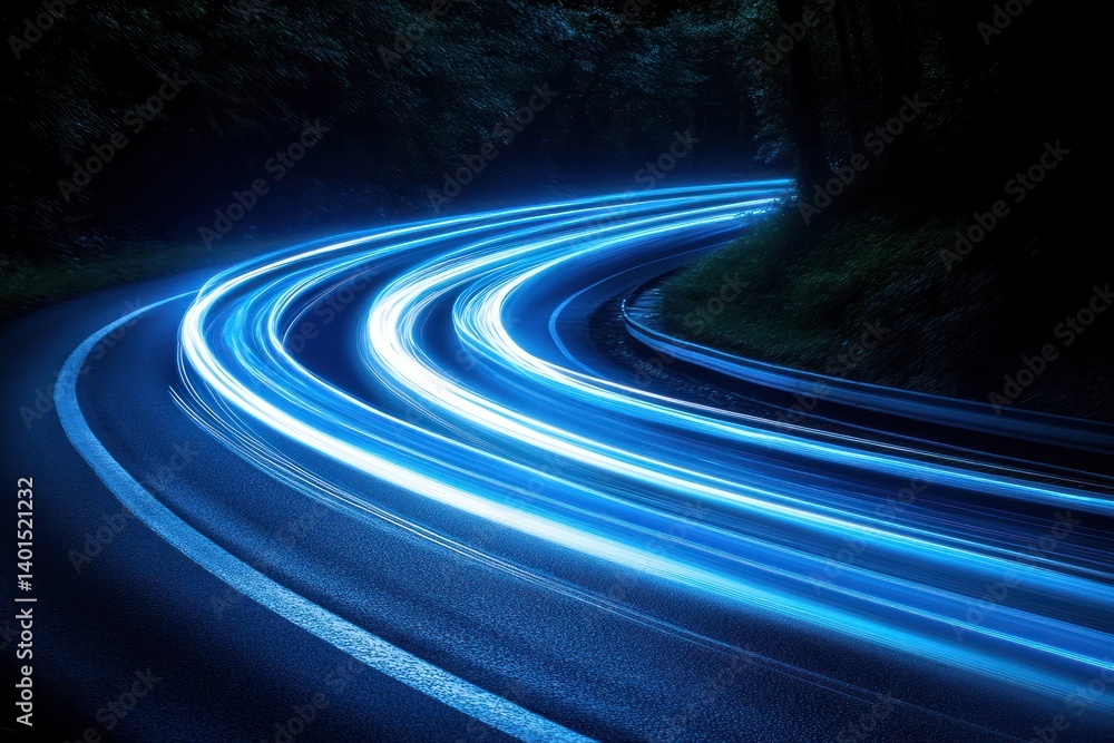 Bright blue light trails snake along a curved path, evoking a sense of futuristic motion against a darkened background.