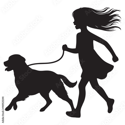 Girl walking dog silhouette on leash outdoor recreation scene