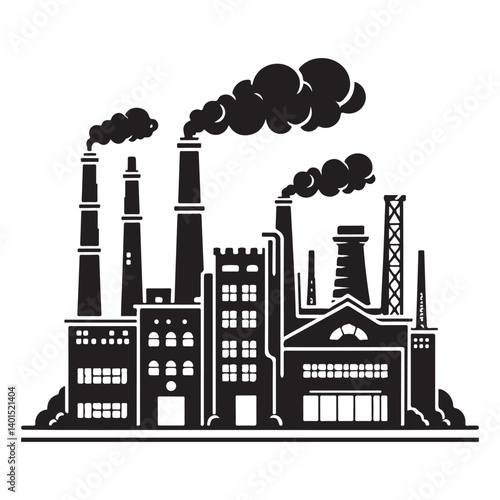 Industrial Factory Polluting the Atmosphere Black Silhouette Illustration