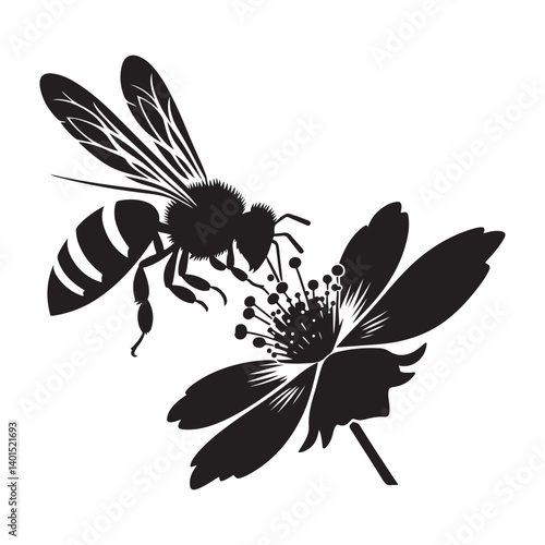 Silhouette of a Bee Pollinating Flower Vector Graphic