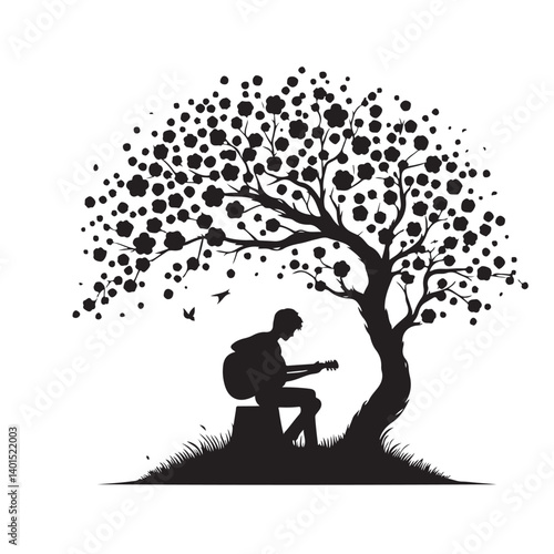 Acoustic Guitarist Silhouette Under Tree Vector Art for Music Lovers