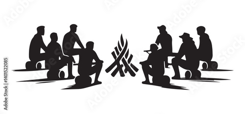 Silhouette People Around Campfire Illustration Outdoor Gathering Moment