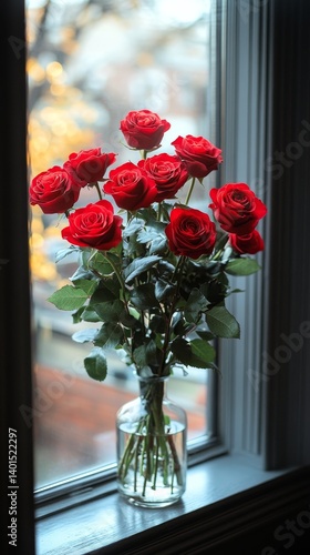 Wallpaper Mural Bouquet of Red Roses Arranged in a Clear Vase Beside a Window With a Warm Autumn Glow in the Background Torontodigital.ca
