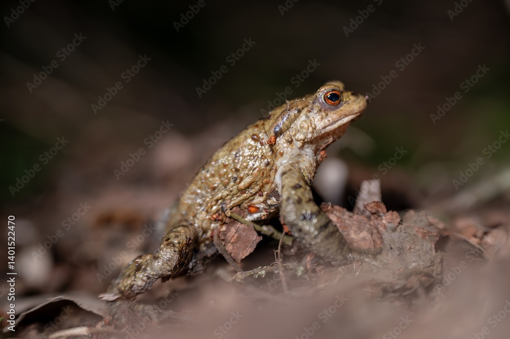 One common toad in the forest outdoors at night. Bufo bufo in Switzerland. One common toad in the forest outdoors at night. Bufo bufo in Switzerland.