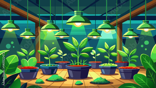 Green seedlings growing indoors under lights; agriculture, farming, botany