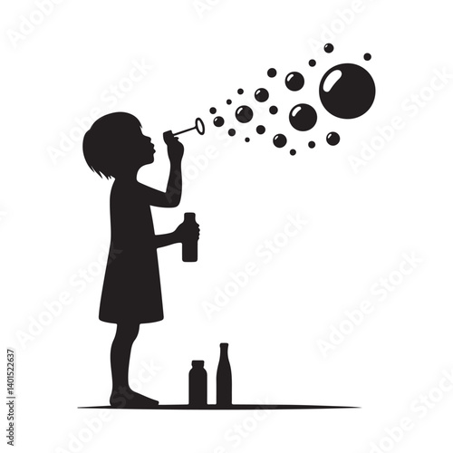 Playful Girl Silhouette Blowing Bubbles Black and White Vector Design