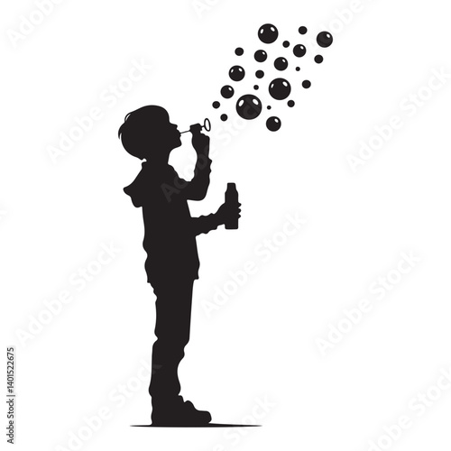 Silhouette boy blowing bubbles with bottle vector illustration isolated