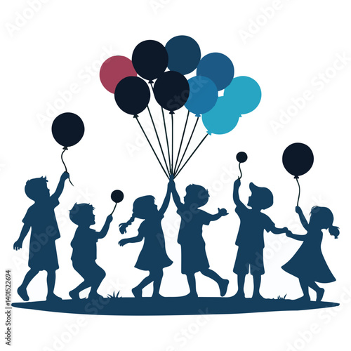 Kids holding balloons silhouette vector illustration celebration occasion