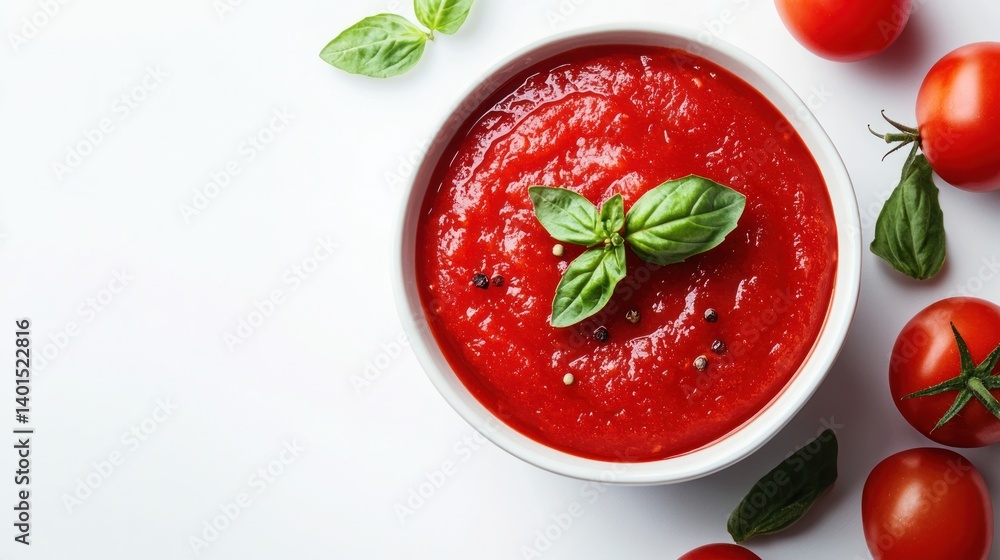 Fresh organic tomato puree in a bowl, showcasing its vibrant red color against a white background. Fresh organic tomato puree in a bowl, showcasing its vibrant red color against a white background.