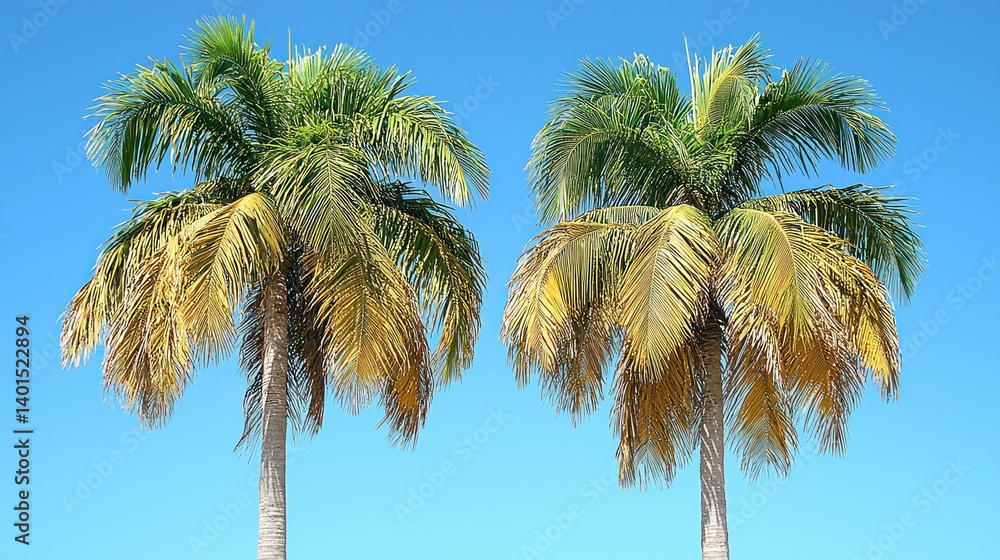 Fototapeta premium Two Majestic Palm Trees Against a Vibrant Blue Sky