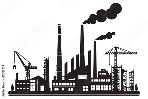 Silhouette of Industrial Factory with Cranes and Chimneys Vector Art