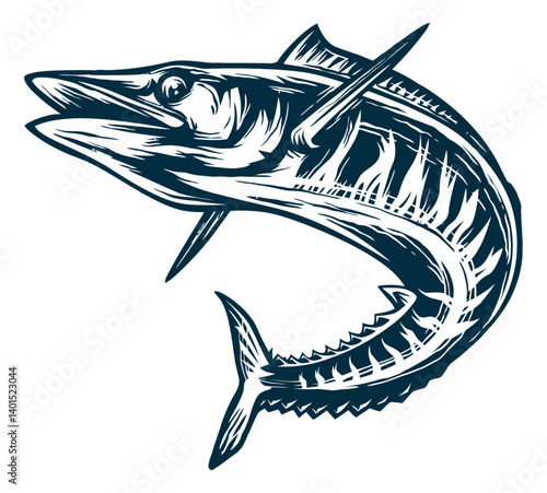 Vibrant Wahoo: A sleek wahoo fish, depicted with intricate detail in a dynamic illustration, captures the essence of marine life and underwater creatures.