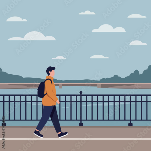 A young man wearing an orange jacket and black backpack walking along a riverside path in a flat vector illustration