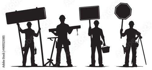 Silhouette of Construction Workers with Signs Vector Illustration Art