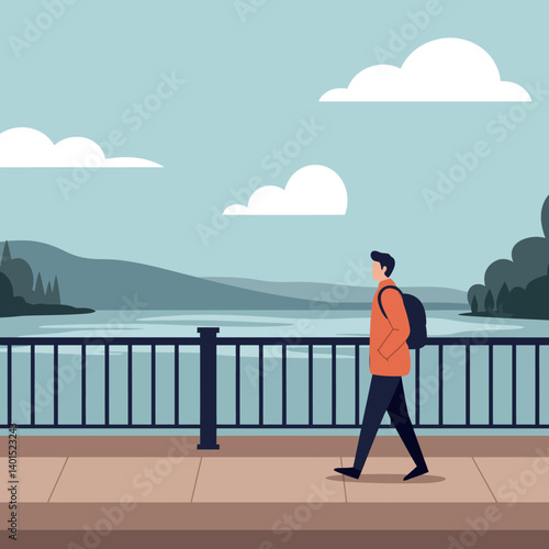 A man walking along a serene waterfront pathway in a flat vector illustration with gentle hills and clouds in the background, evoking peacefulness and tranquility through vector art