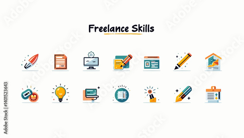 Freelance skills icons set with flat design elements like content writing, SEO, email, and creativity.