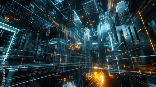 Digital Metropolis: A futuristic cityscape of glowing lines and geometric structures