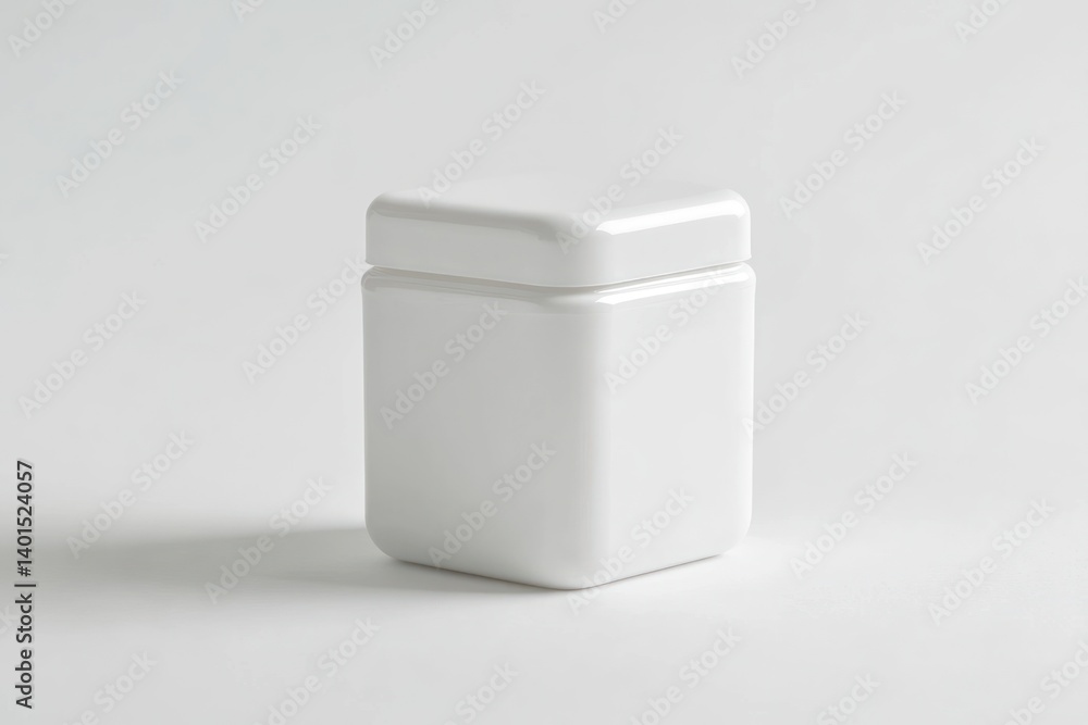 Mock-up of a white square plastic jar with a screw cap, neatly presented on a clean white background for packaging display. Mock-up of a white square plastic jar with a screw cap, neatly presented on a clean white background for packaging display.