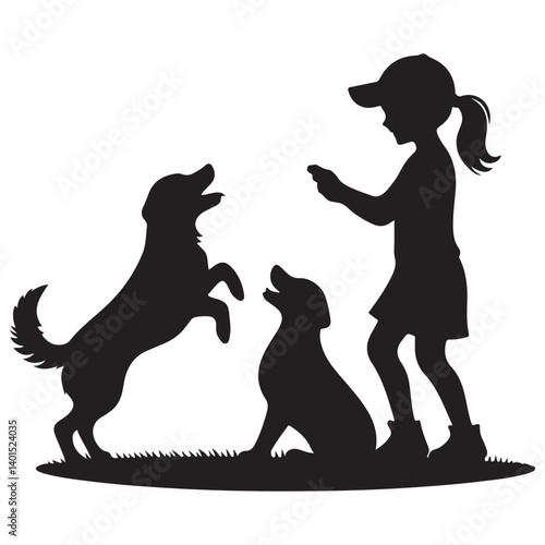 Girl Silhouette Playing with Dogs Vector Illustration Pet Bonding