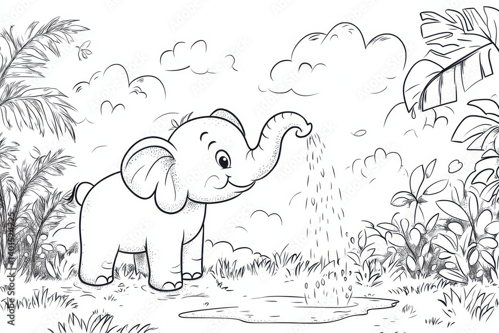 Obraz premium Elephant spraying water in jungle outline coloring page style