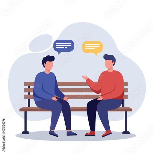 Two men engaging in a lively conversation on a wooden bench in a minimalist flat vector illustration