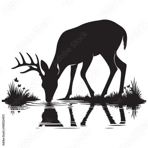 Silhouette illustration of deer drinking water with reflection vector image