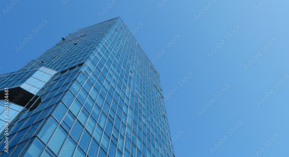 Modern glass building against a clear blue sky viewed from below. Modern glass building against a clear blue sky viewed from below.