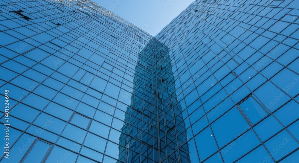 Low angle view of modern glass office buildings reflecting the sky. Low angle view of modern glass office buildings reflecting the sky.