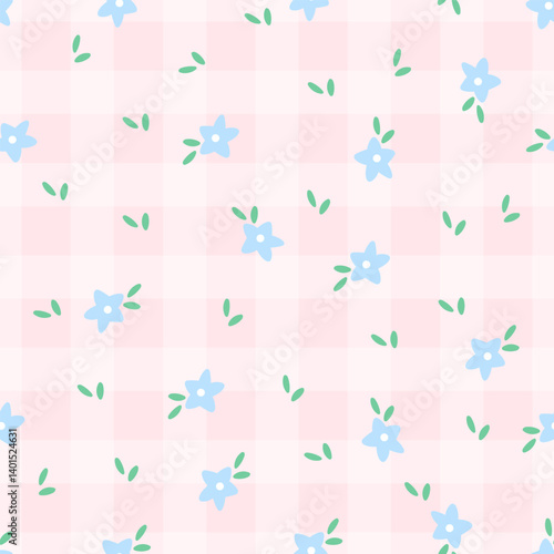 Seamless pattern with flowers and a gingham bg. Cute and pastel vector design perfect for textiles, wrapping paper, children clothing
