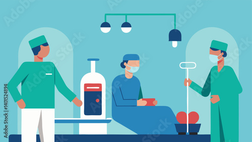 Surgical Setting An illustration of a surgical room where a patient is prepared for a stem cell transplant with nurses and doctors discussing the procedure in the background.