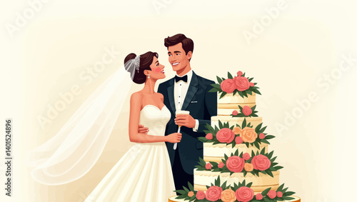 Elegant bride and groom standing next to a tall floral wedding cake, smiling with joy on their wedding day.