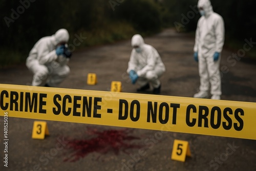 A forensic team investigates a crime scene marked by yellow tape and evidence markers. the scene depicts critical analysis and attention to detail in crime investigation.