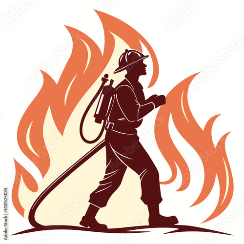 Silhouette of a firefighter holding a hose, standing in front of blazing flames
