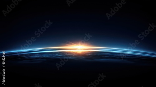 Fototapeta Naklejka Na Ścianę i Meble -  Abstract dark blue background with light glowing on horizon.