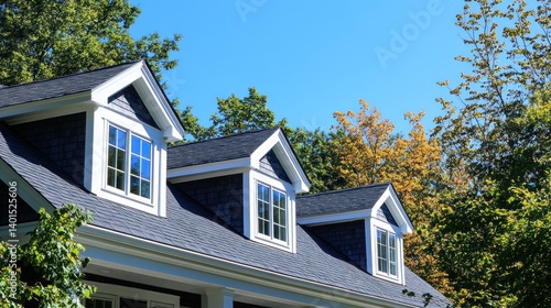 Obraz na płótnie The elegant dormer windows of a newly built house with a sloped shingle roof, nestled in the neighborhood of Brighton, Massachusetts. w salonie