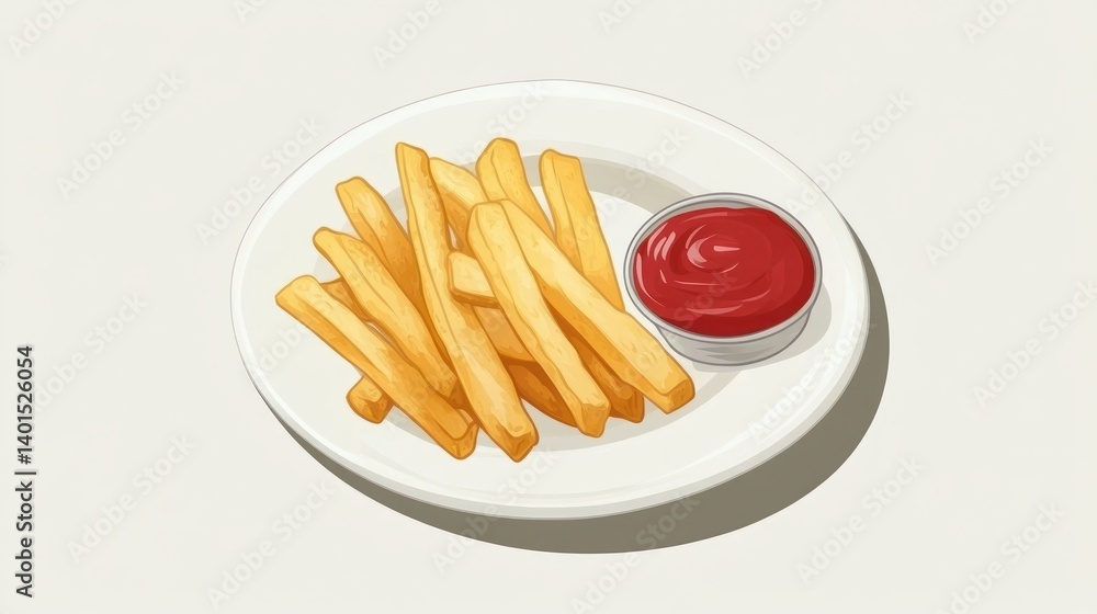 Top view of crispy French fries accompanied by a side of ketchup, tempting and delicious, on a white plate.