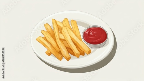 Obraz na płótnie Top view of crispy French fries accompanied by a side of ketchup, tempting and delicious, on a white plate. w salonie