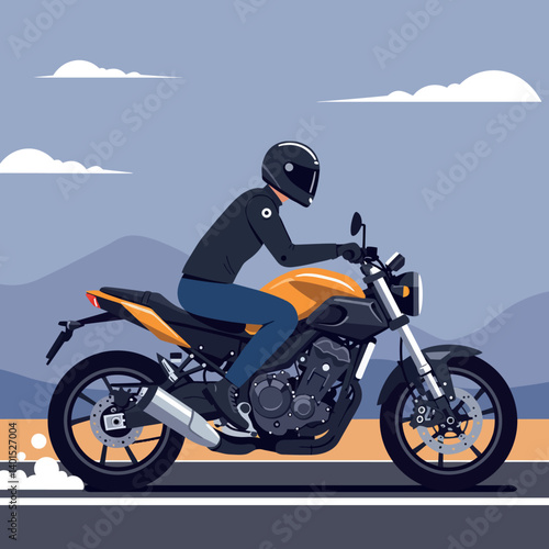 A rider in a sleek black helmet speeds on an orange motorcycle, showcasing flat design style in a dynamic outdoor setting, vector illustration