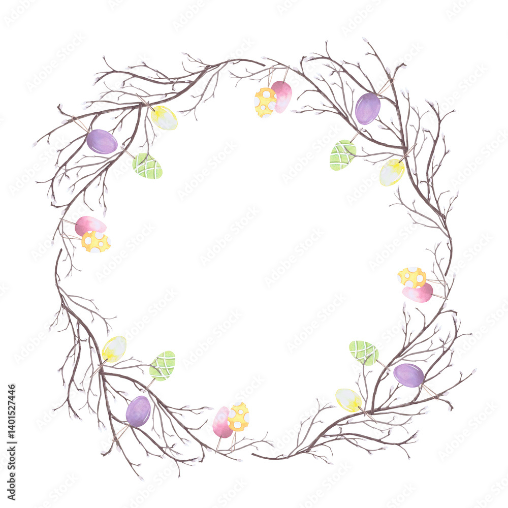 Frame of willow branches with Easter colored eggs on strings , watercolor illustration isolated on white. Branches and eggs hand drawn in pastel tones for Easter cards, packaging and festive decor Frame of willow branches with Easter colored eggs on strings , watercolor illustration isolated on white. Branches and eggs hand drawn in pastel tones for Easter cards, packaging and festive decor