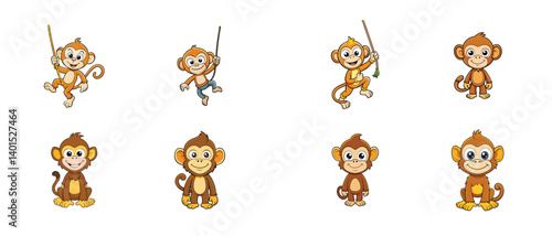 Adorable Cartoon Monkeys Collection: Playful Poses, Swinging, Sitting, and Standing Illustrations for Children's Books, Websites, and More