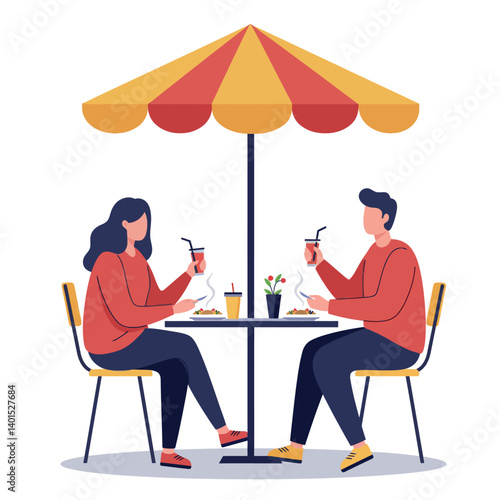 A couple enjoying refreshing drinks at a cozy outdoor cafe under a colorful umbrella in flat vector art