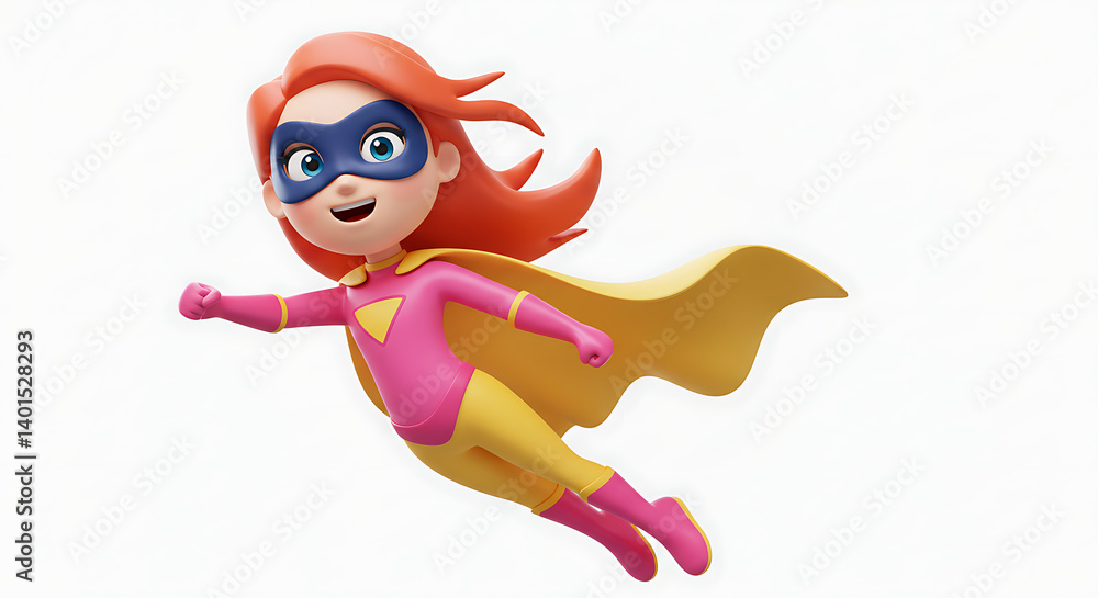 Fototapeta premium Cartoon girl superhero flying through the air with her cape billowing behind her, isolated on white background.
