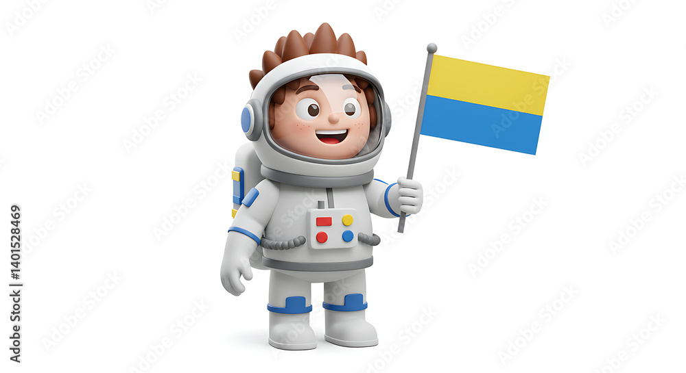Obraz premium Cartoon astronaut celebrating on a white background. Space exploration and discovery concept. The astronaut has flag with blue and yellow colors.